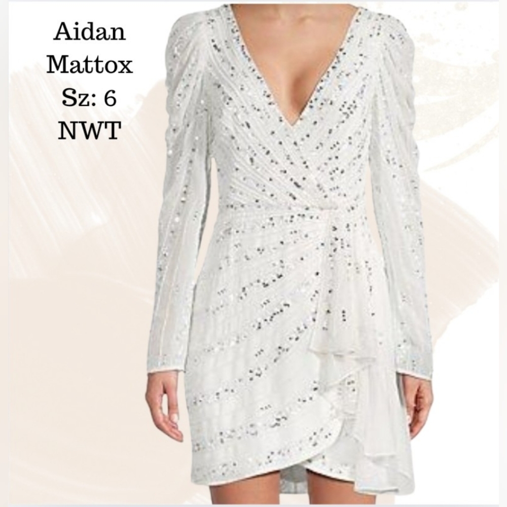 Aidan Mattox White Sequin Bridal Mini Dress NWT 6 Wedding Rehearsal After Party‎